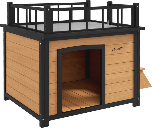 PawHut Hundehütte aus Tannenholz mit Balkon und Treppe, wetterfestes Hundehaus für kleine und mittlere Hunde, Gelb, B/T/H: 121 x 77 x 78 cm, Aosom - Bild 1