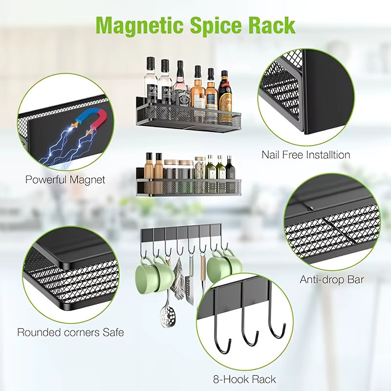 Hangfan 4-teiliges Magnetgewürzregal aus Metall in Schwarz für den Kühlschrank - Bild 5