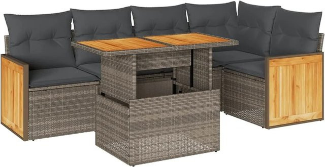 vidaXL 6-teilige Garten-Sofagarnitur aus Poly-Rattan und Akazienholz in Grau mit Kissen - Bild 1