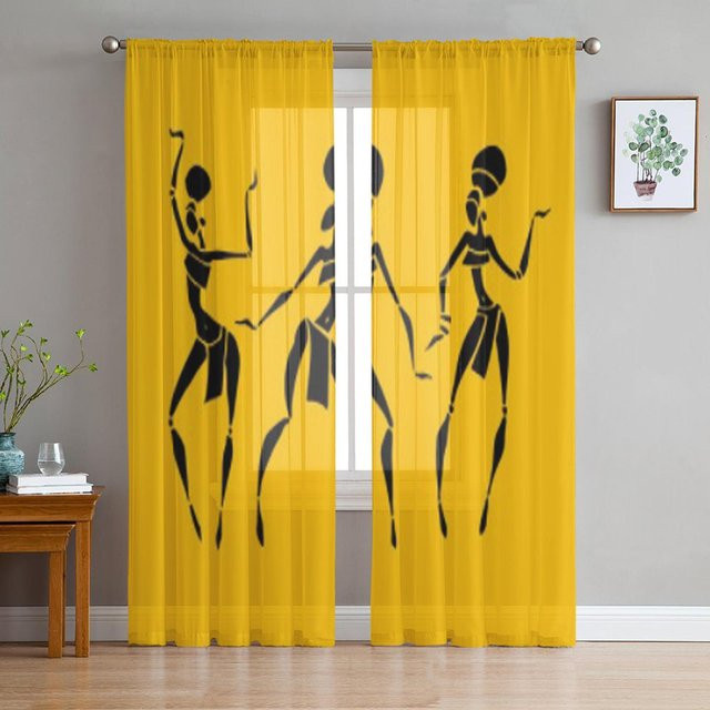 Super Six Transparente Tüllvorhänge mit afrikanischem Motiv in Gelb, B: 135 cm, H: 114 cm - Bild 1
