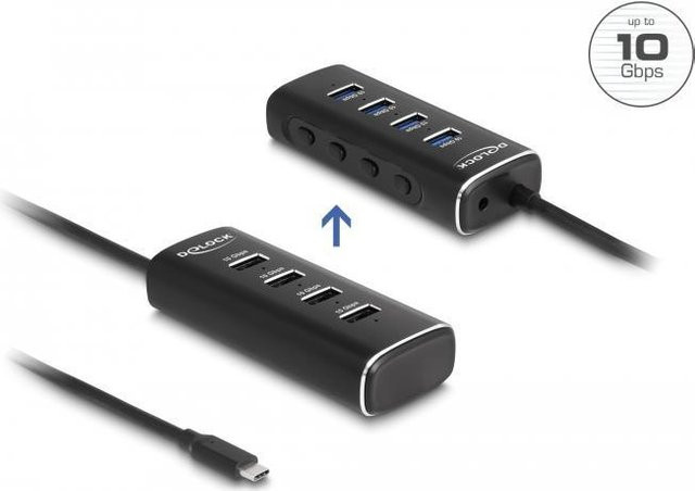 Delock USB-Hub 4 Port USB 3.2 Gen2 10 GBit/s mit USB-C Stecker und USB-A Anschlüssen, Schwarz, 64233 - Bild 2