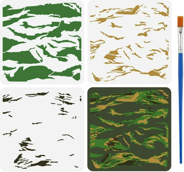 3er Set Tiger-Streifen Zeichenschablonen mit Pinsel, wiederverwendbare Camo-Malvorlage für Tarnung, B/B/H: 30 x 30 x 3 cm - Bild 1