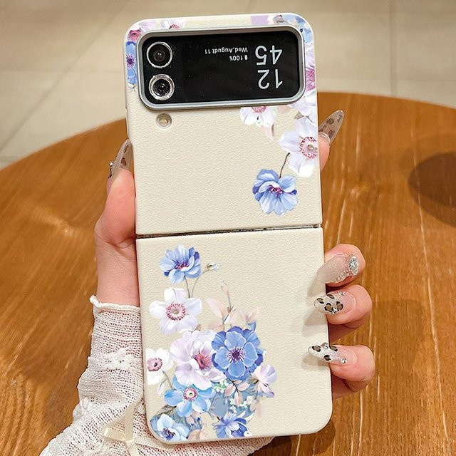 Samsung Galaxy Z Flip 5 5G TPU-Hülle mit Lederstruktur, MagSafe-kompatibel, blaues Blumenmuster - Bild 1