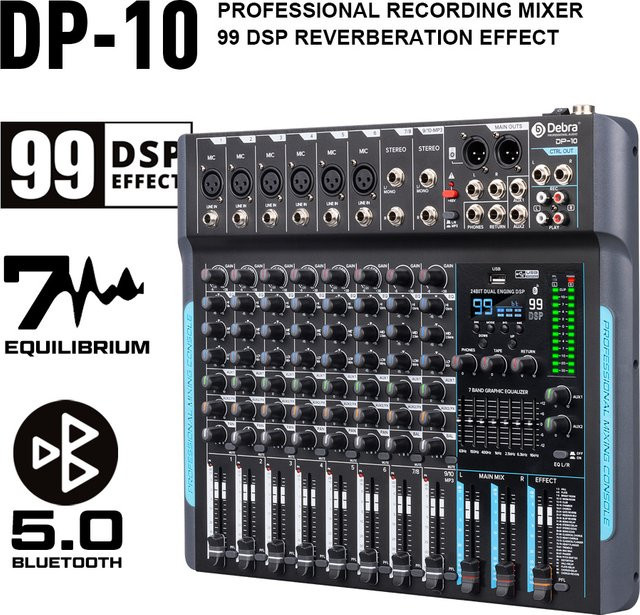 Debra DJ Controller 10 Kanäle 99 DSP Audio Mixer mit Bluetooth 5.0 und Reverb in Schwarz - Bild 1