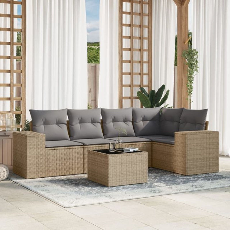 Vidaxl Gartenmöbel-Set aus Polyrattan mit Kissen und Glastisch, 6-teilig, Beige und Grau, Modernes Design - Bild 1
