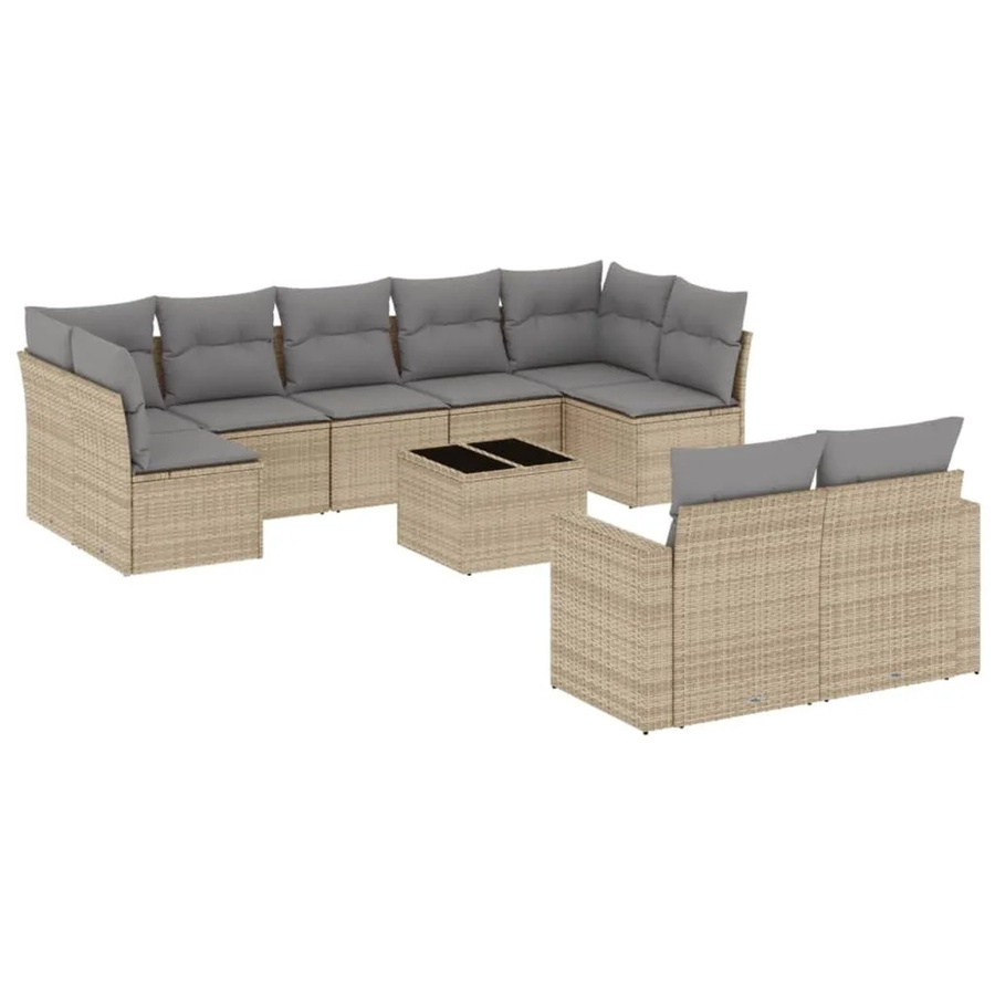 vidaXL 10-tlg. Garten-Sofagarnitur in L-Form mit Kissen und Couchtisch, Beige, Poly-Rattan mit Metallgestell - Bild 2