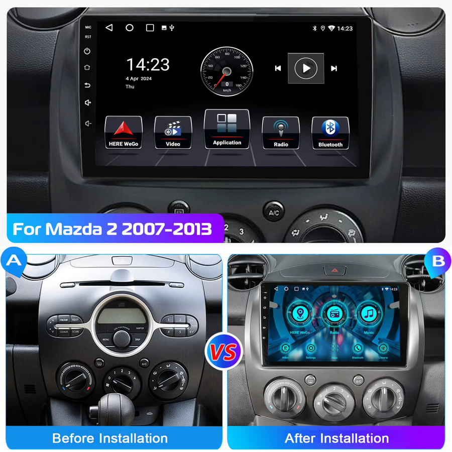 ESSGOO Android 15 Auto Stereo Radio mit 9 Zoll Display, Wireless Carplay und Android Auto, GPS, WiFi, Bluetooth und USB für Mazda 2 2007-13, Schwarz - Bild 3