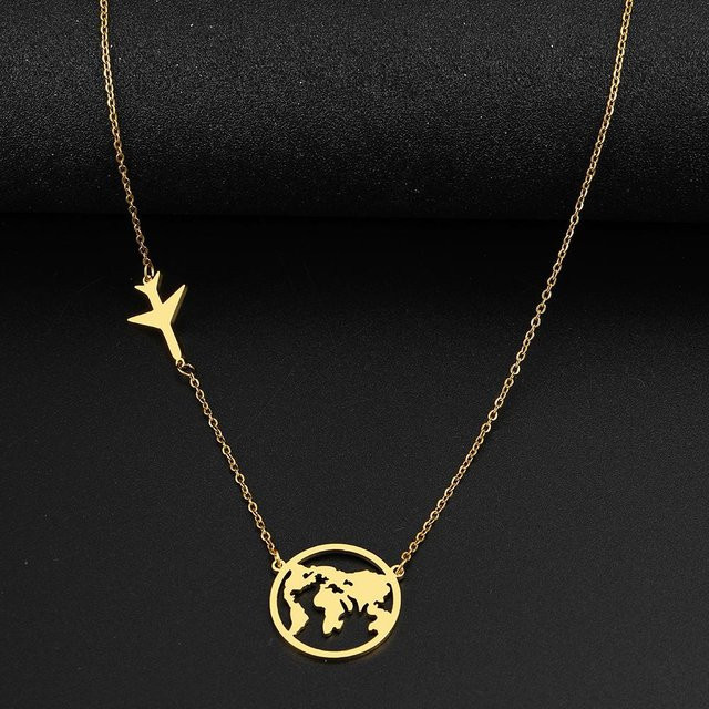 Lucky Star Jewelry Halskette Edelstahl, Flugzeug Globus Karte, 45cm, Gold - Bild 1