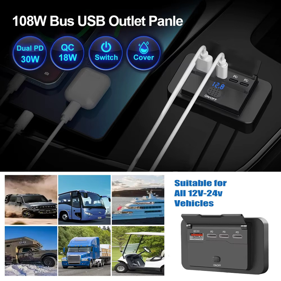 Kebidumei 108W 4-Port 12V USB-Steckdose mit 90W PD und QC 3.0 18W Port, Autoladegerät mit Schalter und Spannungsanzeige in Schwarz für Auto, Bus und Wohnmobil - Bild 4