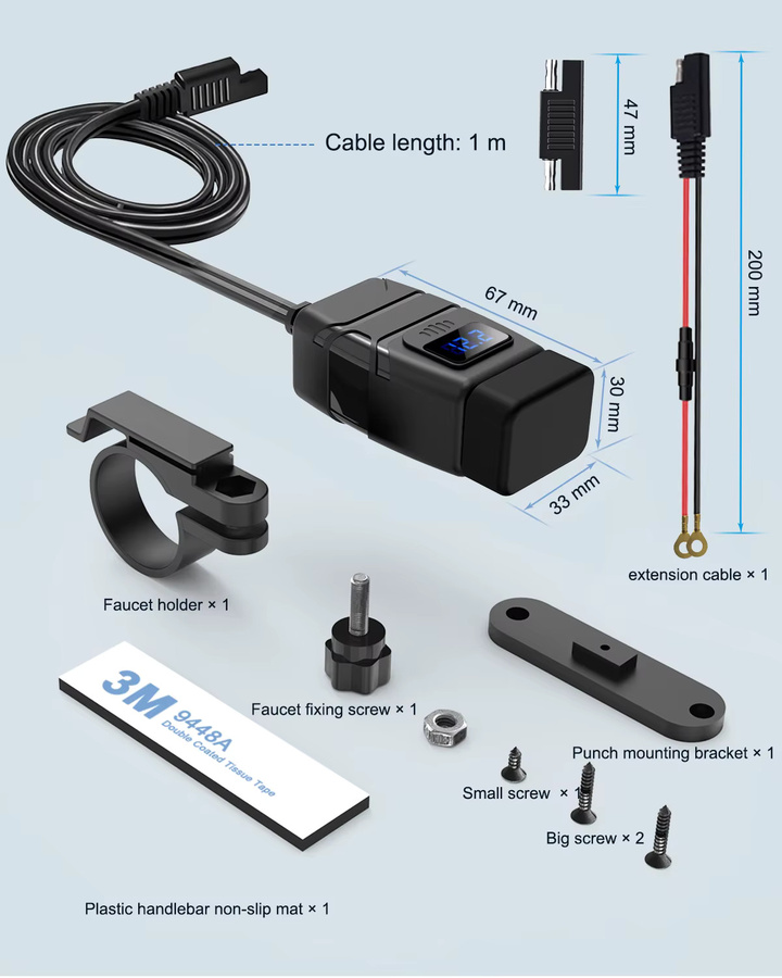 Wasserdichtes Motorrad USB Ladegerät QC3.0 mit Voltmeter und USB-C Anschluss, 12V Lenker Adapter in Schwarz oder Blau - Bild 6