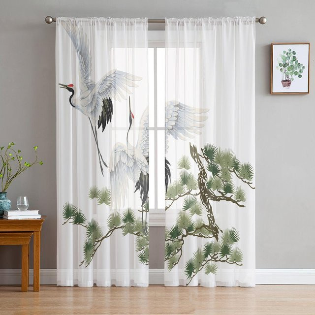 Transparente Tüll-Vorhänge im chinesischen Stil mit weißem Kranich und Kiefer, Farbe Weiß, Breite: 135 cm, Höhe: 215 cm - Bild 1