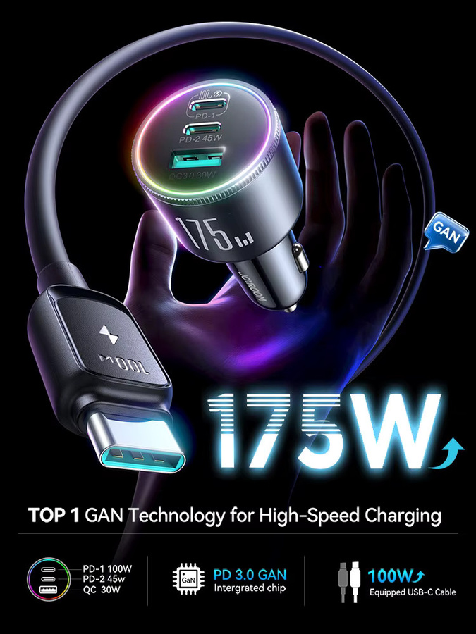 Joyroom 175W Auto-Ladegerät mit USB-C PD 3.0 100W Superschnelles Laden in Schwarz - Bild 2