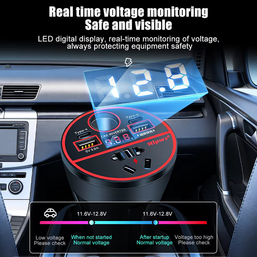 Auto USB Schnelllade-Wechselrichter mit QC3.0 und digitalem Display, 200W Fahrzeugladegerät für den Zigarettenanzünder, Schwarz - Bild 5