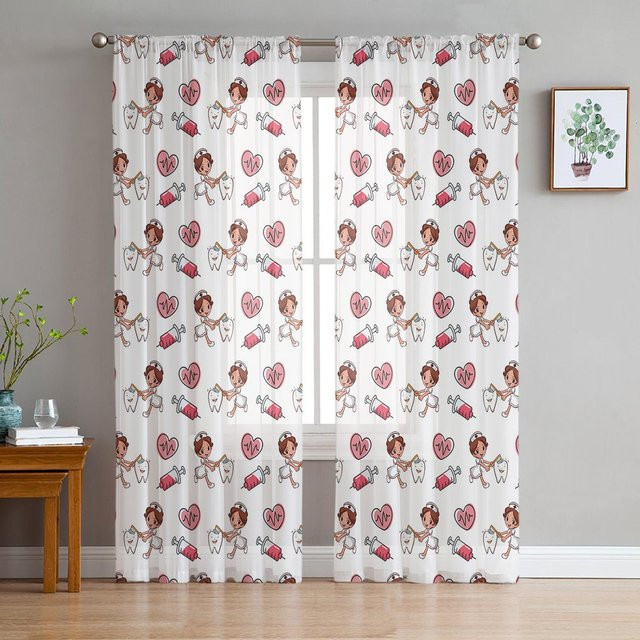 Transparente Tüll-Vorhänge mit Krankenschwester-Motiv in Weiß, Organza-Fenstervorhänge für Wohnzimmer und Küche, Breite: 135 cm, Höhe: 115 cm - Bild 1