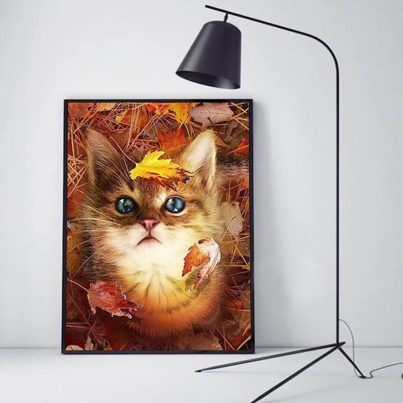 FIYO 5D DIY Diamantmalerei Katze im Herbst-Design, Mehrfarbiger Kreuzstich als Tierprint für die Dekoration, B: 30 cm, H: 20 cm - Bild 1