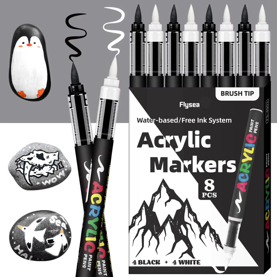 8-teiliges Haile Acrylmarker-Set in Schwarz und Weiß mit Pinselspitze für Illustrationen, Skizzen sowie Holz und Glas - Bild 2