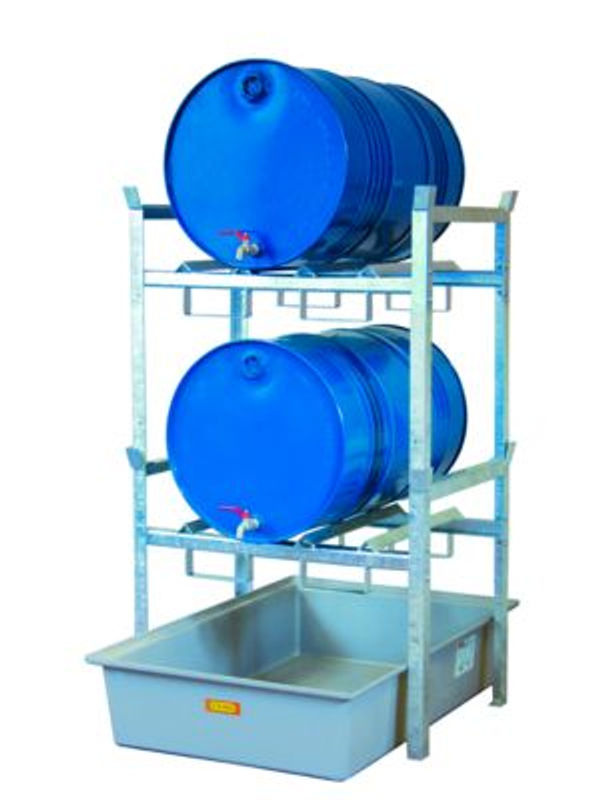 CEMO Fassregal Typ 400 Variante 2 mit GFK-Auffangwanne und Fassauflage, Farben: Grau und Blau, B: 128 cm, T: 99 cm, H: 162 cm - Bild 4