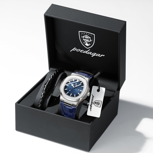 POEDAGAR Armbanduhr Quarz, Leder, Blau, Herren, Edelstahl, Datum - Bild 1