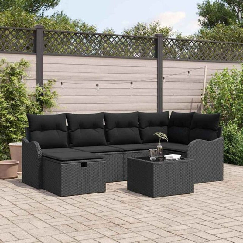 vidaXL Garten-Sofa-Set aus Polyrattan mit 7 Kissen in Schwarz - Bild 1