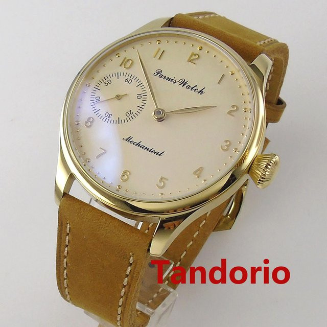 Parnis Armbanduhr, Handaufzug, Messing, Gold, beige, Leder, Herren, 44 mm - Bild 1