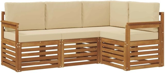 vidaXL Sofagarnitur 4-teilig L-Form aus Massivholz Akazie in Beige und Natur mit Sitz- und Rückenkissen - Bild 1