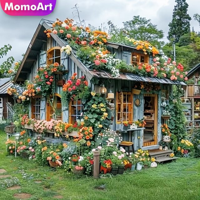 Momoart 5D DIY Diamant-Stickerei Haus-Landschaftsgemälde mit Blumen, Multicolour, B/T/H: 20 x 20 x 20 cm - Bild 1