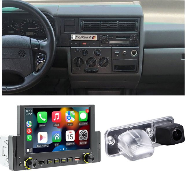 Navinio Bluetooth Carplay Android Autoradio mit GPS und HD Rückfahrkamera in Schwarz für VW Transporter Caravelle Multivan T4 IV 4 Pritsche Bus - Bild 1