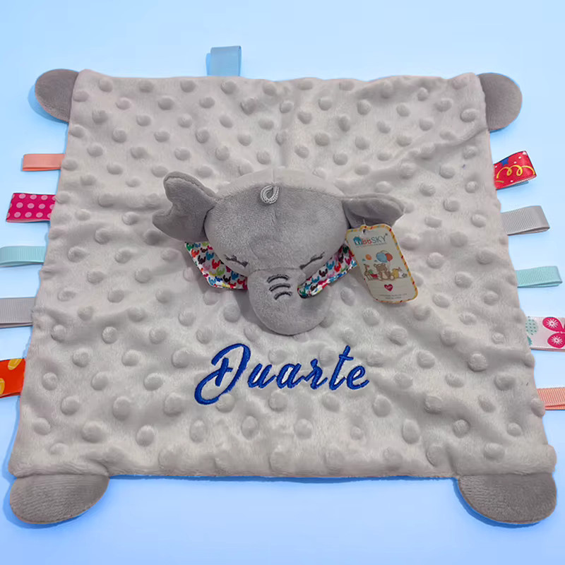 Personalisierte Baby-Elefanten-Schmusedecke aus grauer Bio-Baumwolle mit Silikon-Beißring von YTYIN - Bild 1