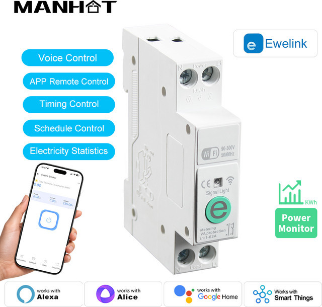 Manhot eWeLink WIFI Smart Circuit Breaker 63A mit Energiezähler KWh Leistungsmessung und Timer in Weiß - Bild 1