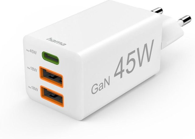 Hama GaN Schnellladegerät mit 45 W Leistung, 1x USB-C und 2x USB-A, Weiß - Bild 1
