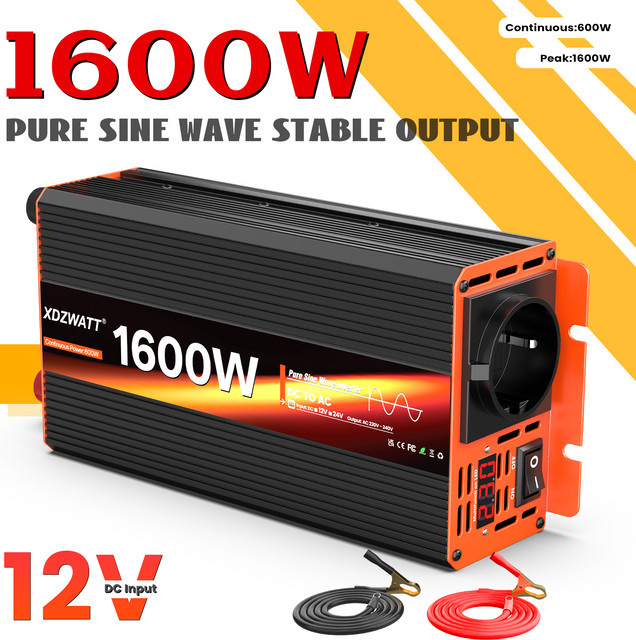 Reiner Sinus-Wechselrichter DC 12 V zu AC 220 V 230 V mit 1600 W Spitzenleistung und LCD-Display für Wohnmobil und Haushaltsgeräte - Bild 1