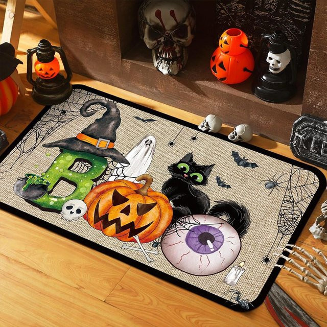 VIKAMA Halloween-Kürbis-Kristall-Fleece-Teppich, rutschfeste Bodenmatte für die Innendekoration, Mehrfarbig, B/T: 60 x 40 cm - Bild 1
