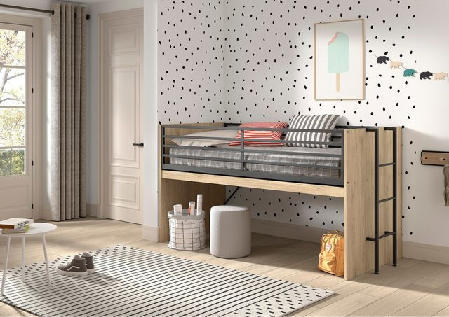 SAM halbhohes Bett mit ausziehbarem Schreibtisch in Eiche Melamin Dekor, Farbe Braun, Liegefläche B: 90 cm, L: 200 cm - Bild 1