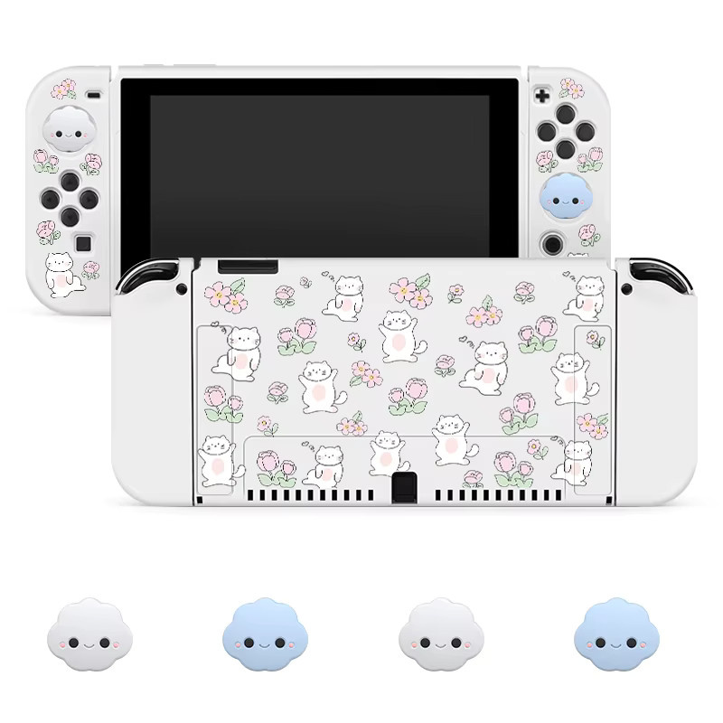 Nintendo Switch OLED Grip Caps Bundle mit 4 Stück Katzen und Blumen Schutzhüllen in Blau - Bild 2