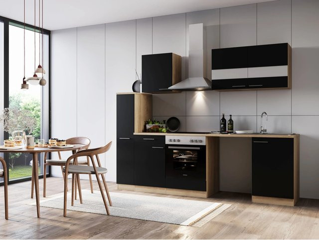 Respekta Küchenblock Merle modern in Eiche Sägerau Nachbildung und Schwarz mit Glastüren und Soft-Close-Funktion, Breite: 250 cm, Tiefe: 60 cm - Bild 1