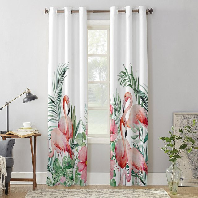 Ins Style Vorhänge mit tropischen Pflanzen und Flamingos von Binchi Outdoor Equipment, Farbe: Weiß/Mehrfarbig, B: 135 cm, H: 60 cm - Bild 1