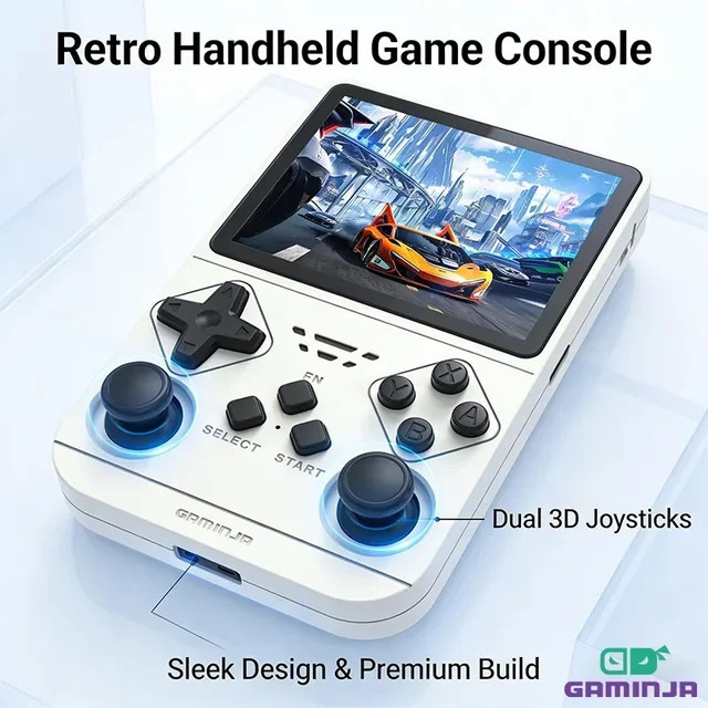 GAMINJA Retro Handheld Videospielkonsole mit 3,5 Zoll IPS-Bildschirm und 64 GB Speicher in Schwarz Transparent - Bild 1
