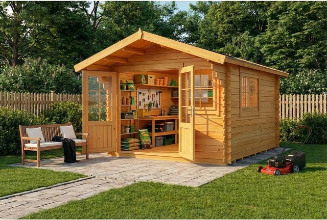 Alpholz Gartenhaus Set Gabriel aus Pinie in Braun und Schwarz, B/T: 338 x 467 cm, Wandstärke 28 mm, inklusive Boden und Dacheindeckung - Bild 1
