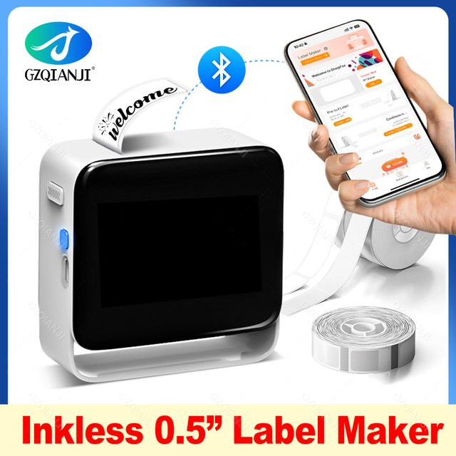 GZQIANJI Tragbarer Etikettendrucker Weiß, Kabelloser Tintenloser Drucker für Smartphones zur Beschriftung von Küchenutensilien, Kleidung und Schmuck, 12–15 mm - Bild 1