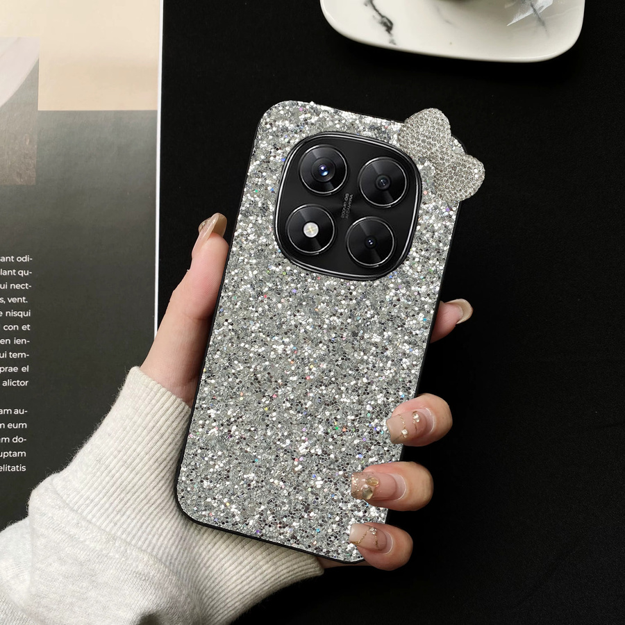 Luxuriöse Handyhülle mit Strass-Schleife und Glitzer aus Kunstleder für Xiaomi Redmi Note 14 15 Pro 4G 5G in Weiß und Silber - Bild 3