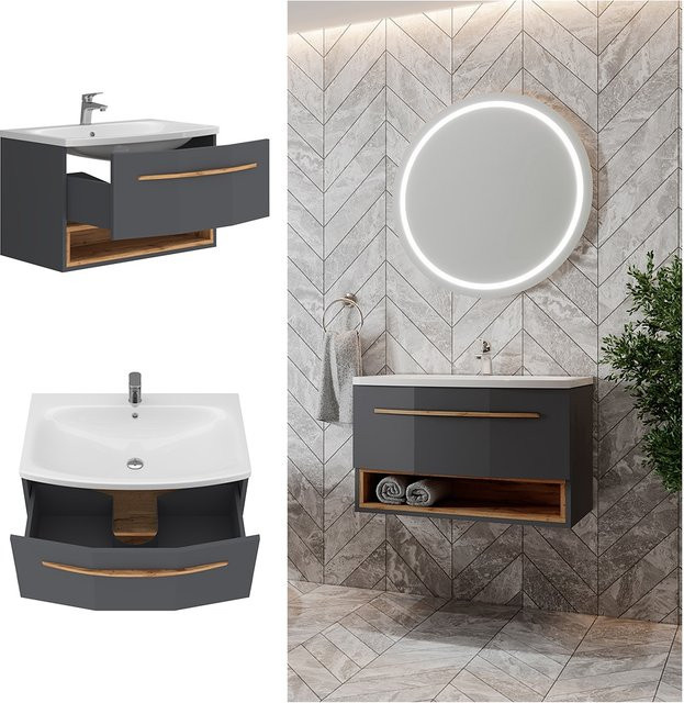 Vicco Badmöbel-Set Stelantis Waschtisch mit Unterschrank in Anthrazit und Eiche, Breite: 80 cm - Bild 1