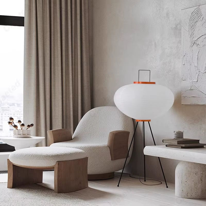 Claeted LED Bodenlampe aus Reispapier im Retro-Minimalismus für Wohnzimmer und Schlafzimmer, Weiß/Schwarz, Warmweißes Licht - Bild 3