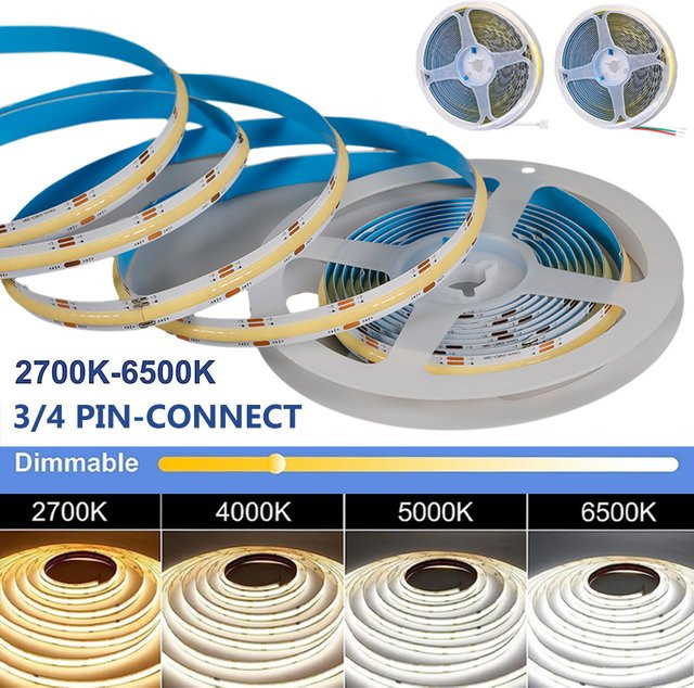 YSRSAI COB LED Streifen Licht dimmbar CCT 24V mit 608 LEDs/m, Farbtemperatur 2700K-6500K, RA90, Weiß - Bild 1