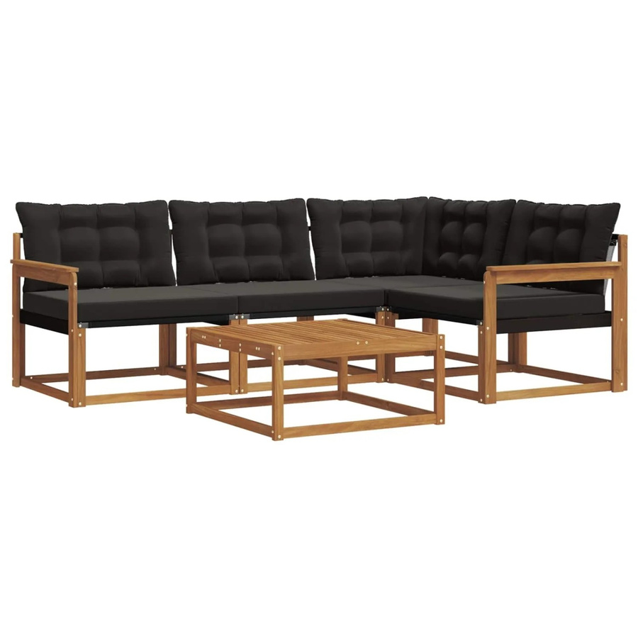vidaXL Outdoor-Sofagarnitur 5-teilig in L-Form aus Akazienholz und Textilene mit Kissen, Schwarz und Natur - Bild 2
