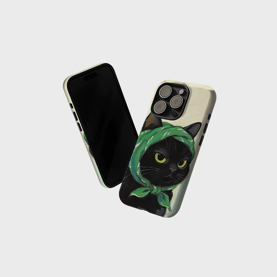 CaseLumi Matte Bumper MagSafe Schutzhülle für iPhone 17 16 15 14 Plus Pro Max mit Schwarzer Katze und Grünem Kopftuch - Bild 2