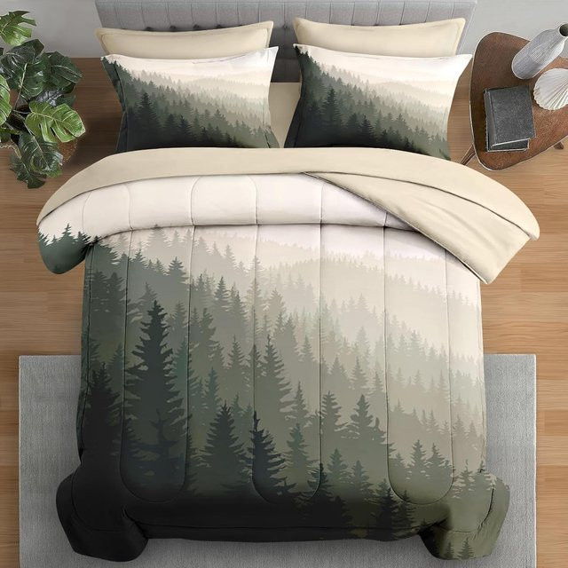Bettwäsche-Set Lodestar Bergkiefer mit Waldlandschaft Design, Grün, Microfaser, 1 Deckenbezug und 2 Kissenbezüge, B/H: 260 x 220 cm - Bild 1