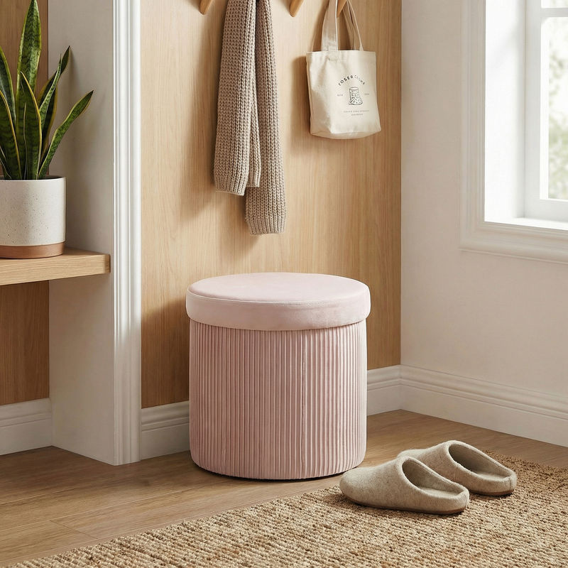 Aosom HOMCOM Aufbewahrungs-Pouf als faltbare Aufbewahrungsbank aus Samt in Rosa, runde Aufbewahrungsbox mit 35 l Volumen, B/T/H: 38 x 38 x 38 cm - Bild 2