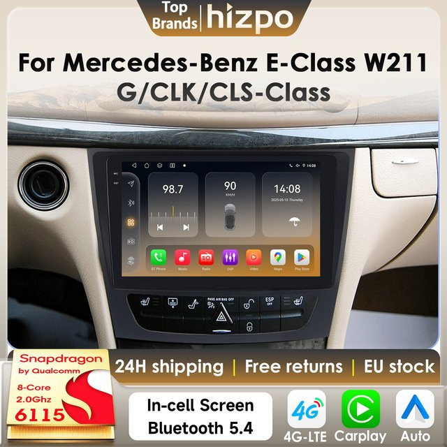 Hizpo Android 14 Autoradio mit Carplay für Mercedes Benz E-Klasse W211, CLS W219 und CLK in Schwarz - Bild 1