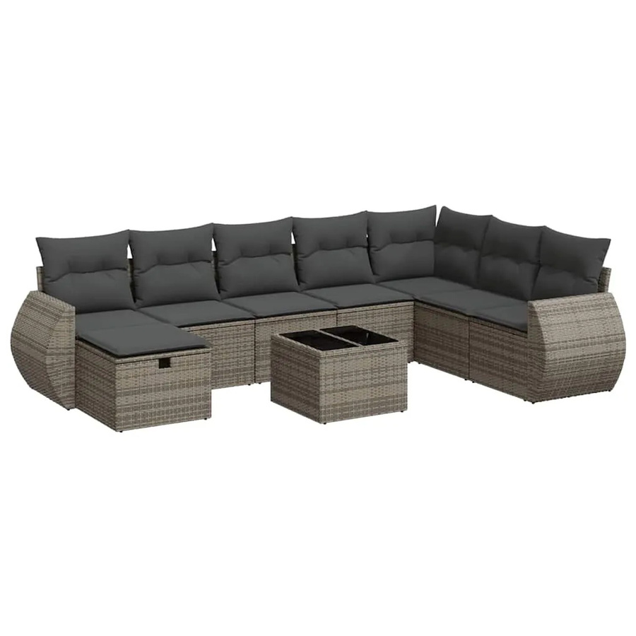 vidaXL 9-tlg. Garten-Sofagarnitur in L-Form aus Polyrattan mit Kissen und Tisch in Grau - Bild 2