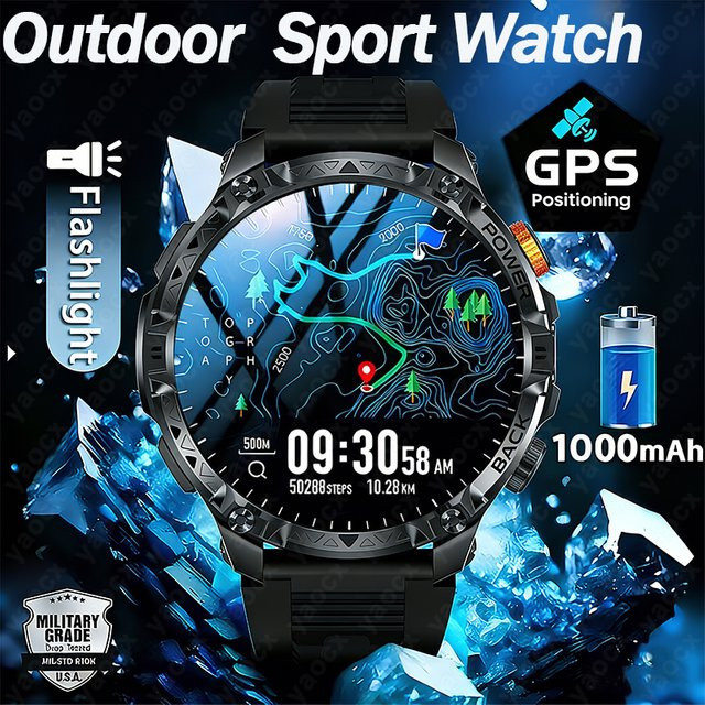 Yaocx Smartwatch für Herren mit 1,7 Zoll AMOLED HD Display, IP68 wasserdicht, Bluetooth-Anruf, Kompass und Taschenlampe, Farbe: Schwarz, 1000mAh Akku - Bild 1
